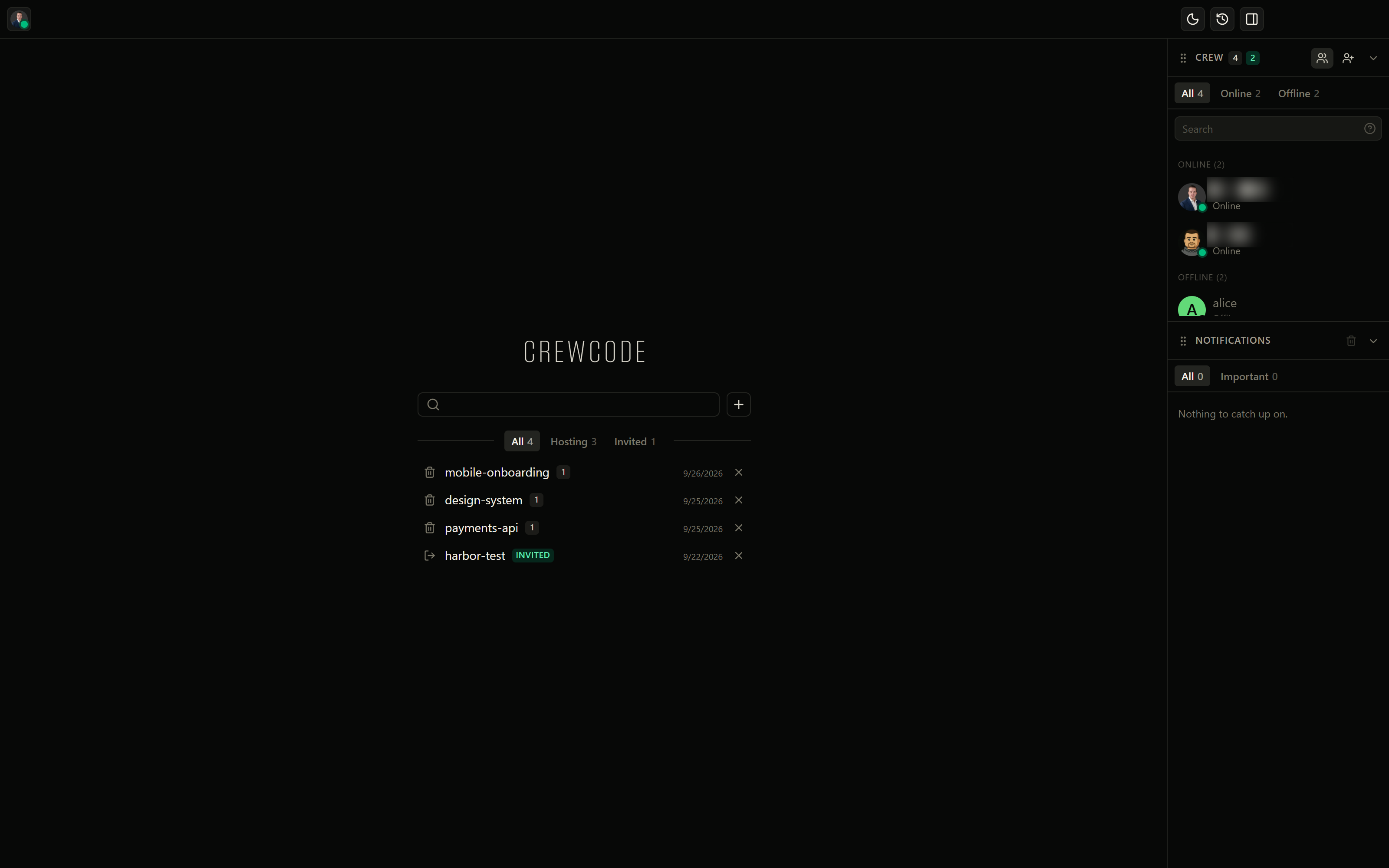 The CrewCode desktop app home screen: a list of rooms you host or are invited to, and your crew’s online status.